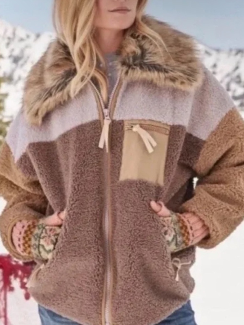 Boundless North fleece & faux fur coat Cozy Faux Fur-Trim Brown Sherpa Jacket